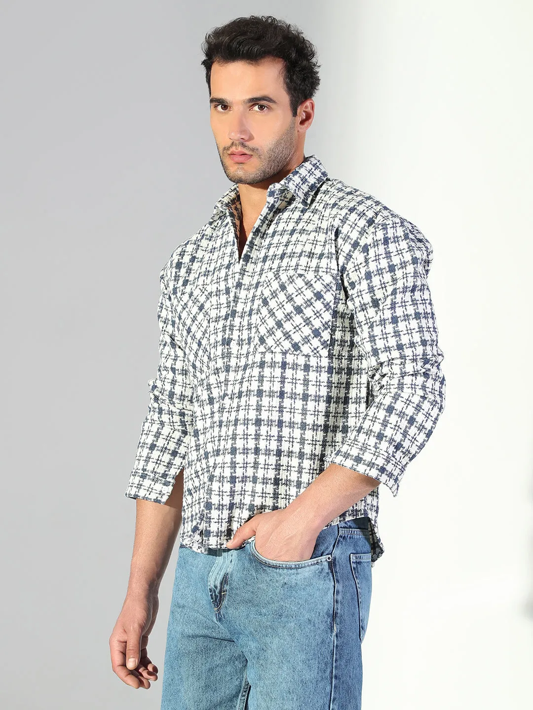 Men Geometric Blue Shacket