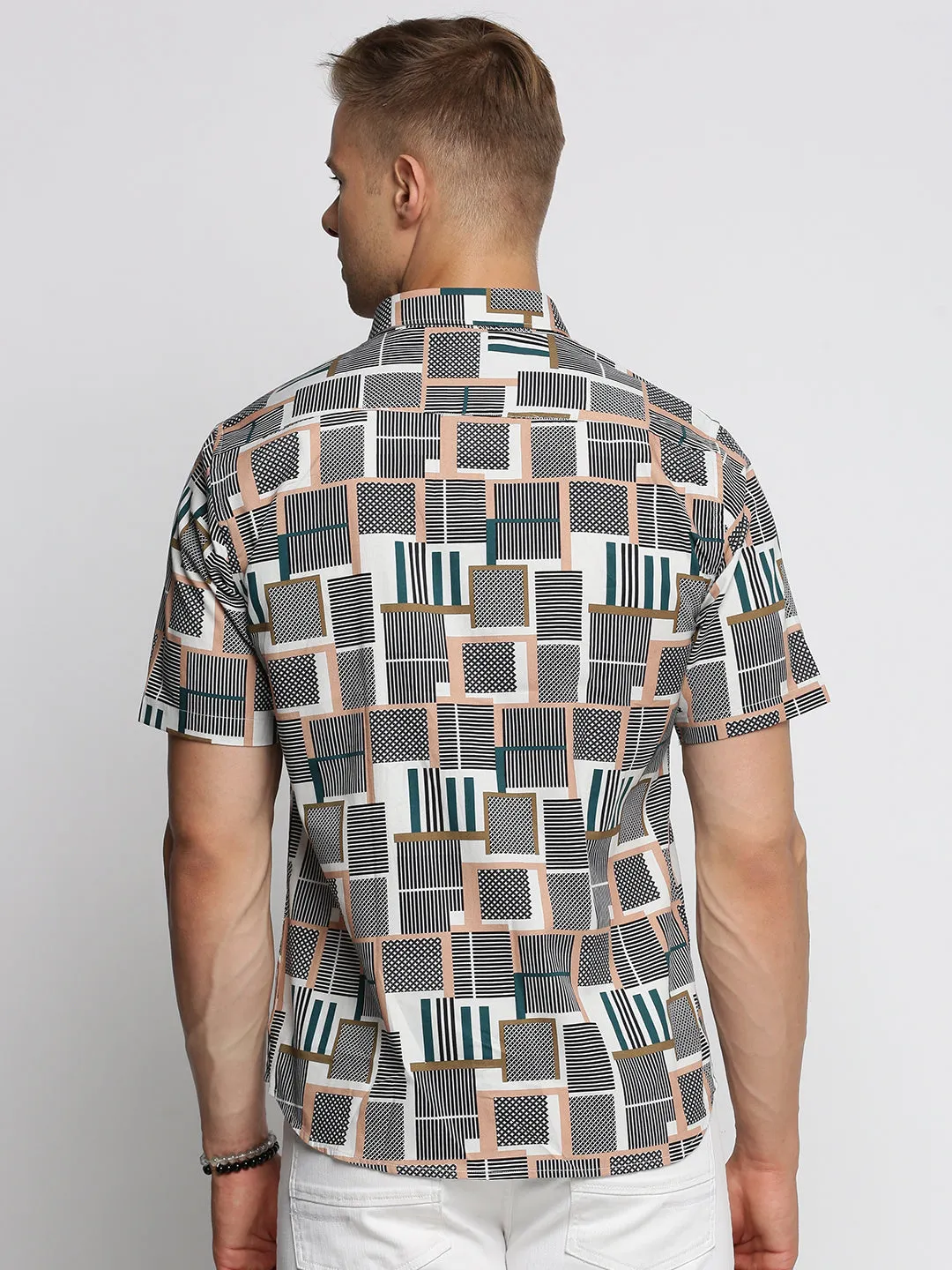 Men Grey Slim Fit Geometric Printed Spread Collar Cotton Casual Shirt