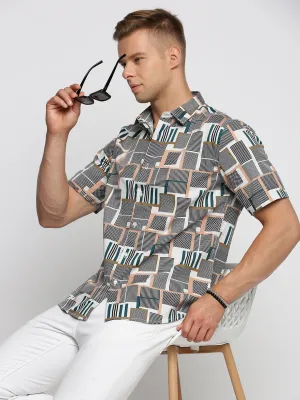 Men Grey Slim Fit Geometric Printed Spread Collar Cotton Casual Shirt