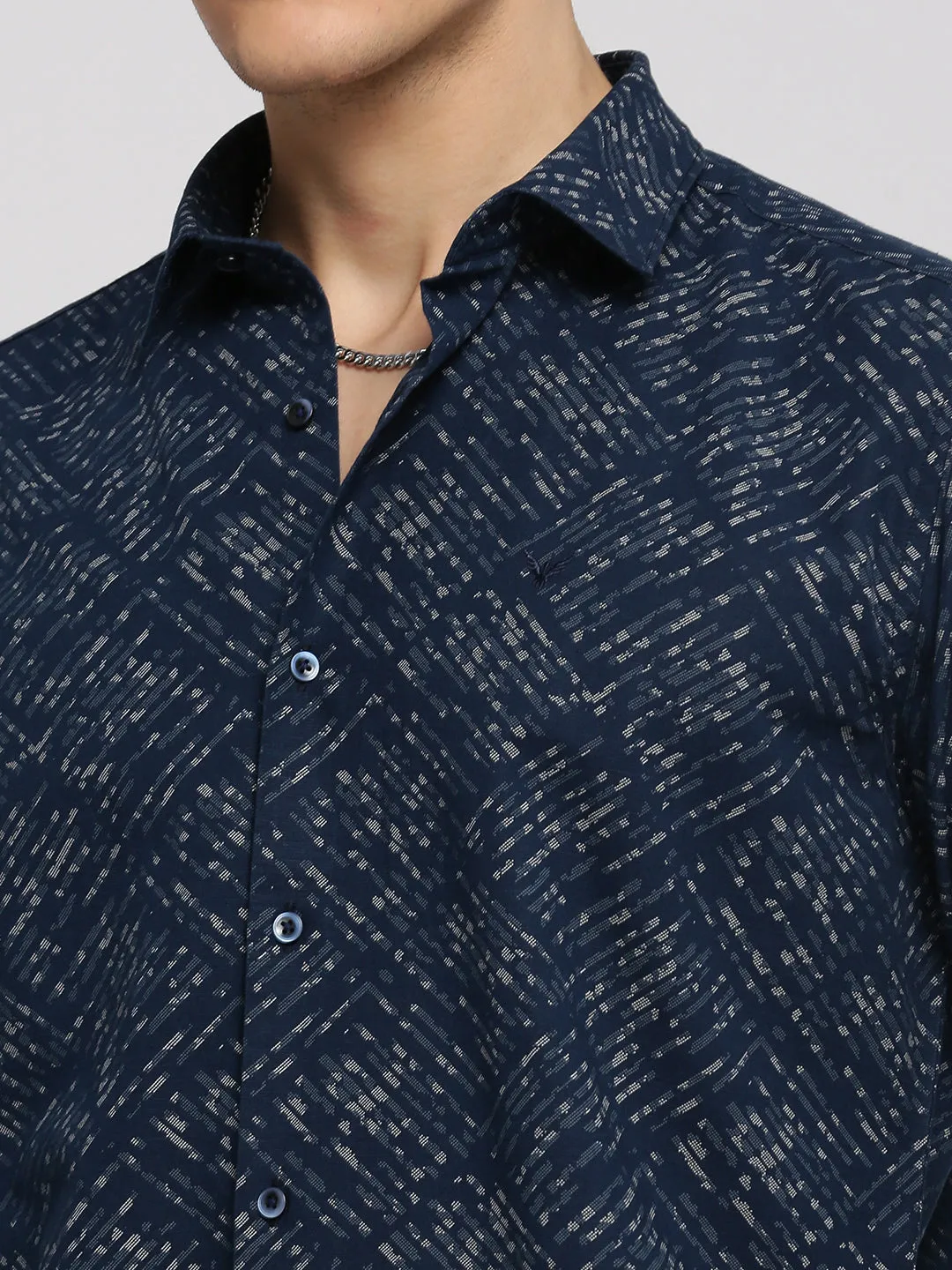 Men Navy Blue Geometric Printed Slim Fit Cotton Casual Shirt
