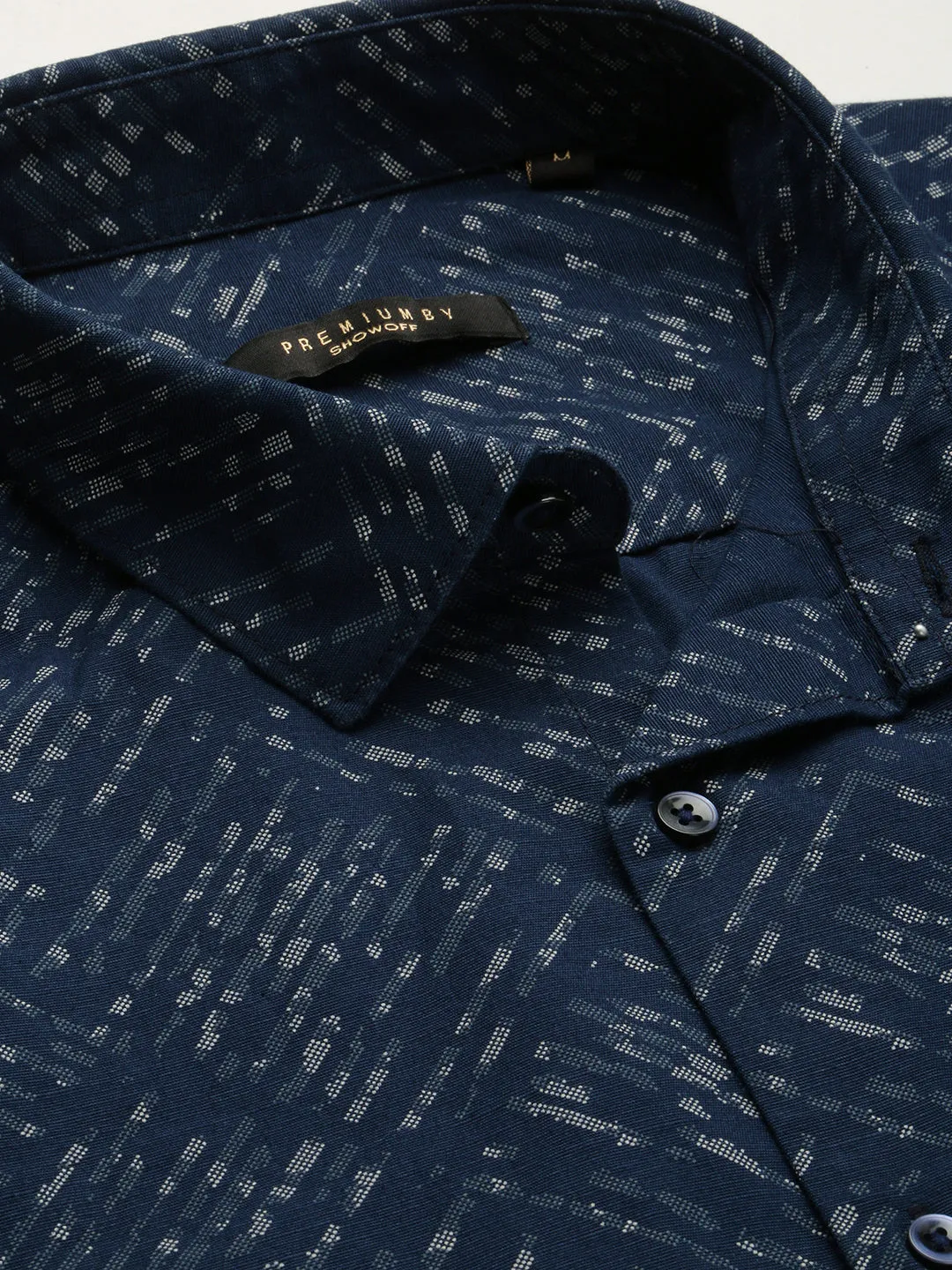 Men Navy Blue Geometric Printed Slim Fit Cotton Casual Shirt