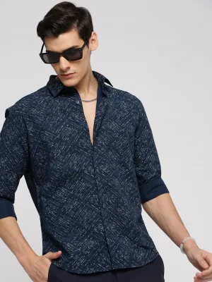 Men Navy Blue Geometric Printed Slim Fit Cotton Casual Shirt