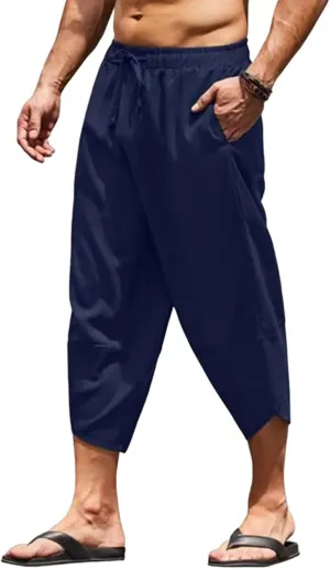 Men's Capri Pants Lightweight Casual Linen Pants Drawstring Elastic Waist with Pockets for Beach Yoga Casual Wear