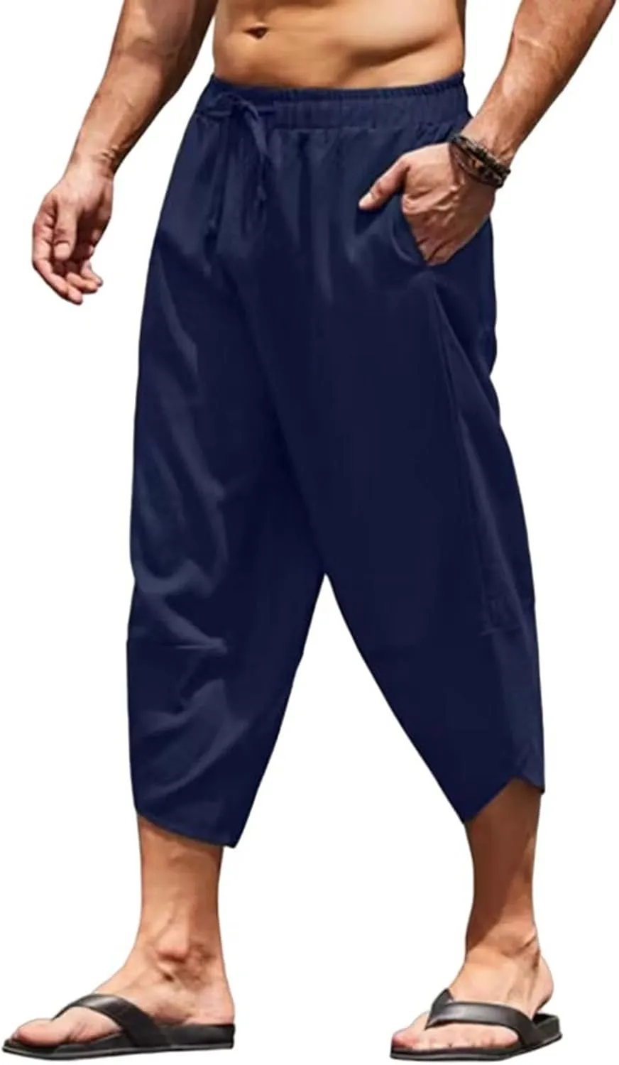 Men's Capri Pants Lightweight Casual Linen Pants Drawstring Elastic Waist with Pockets for Beach Yoga Casual Wear