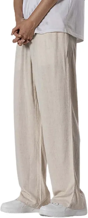 Mens Casual Cotton Linen Wide Leg Loose Lightweight Elastic Waist Pant Jogging Harem Pants Palazzo Trousers