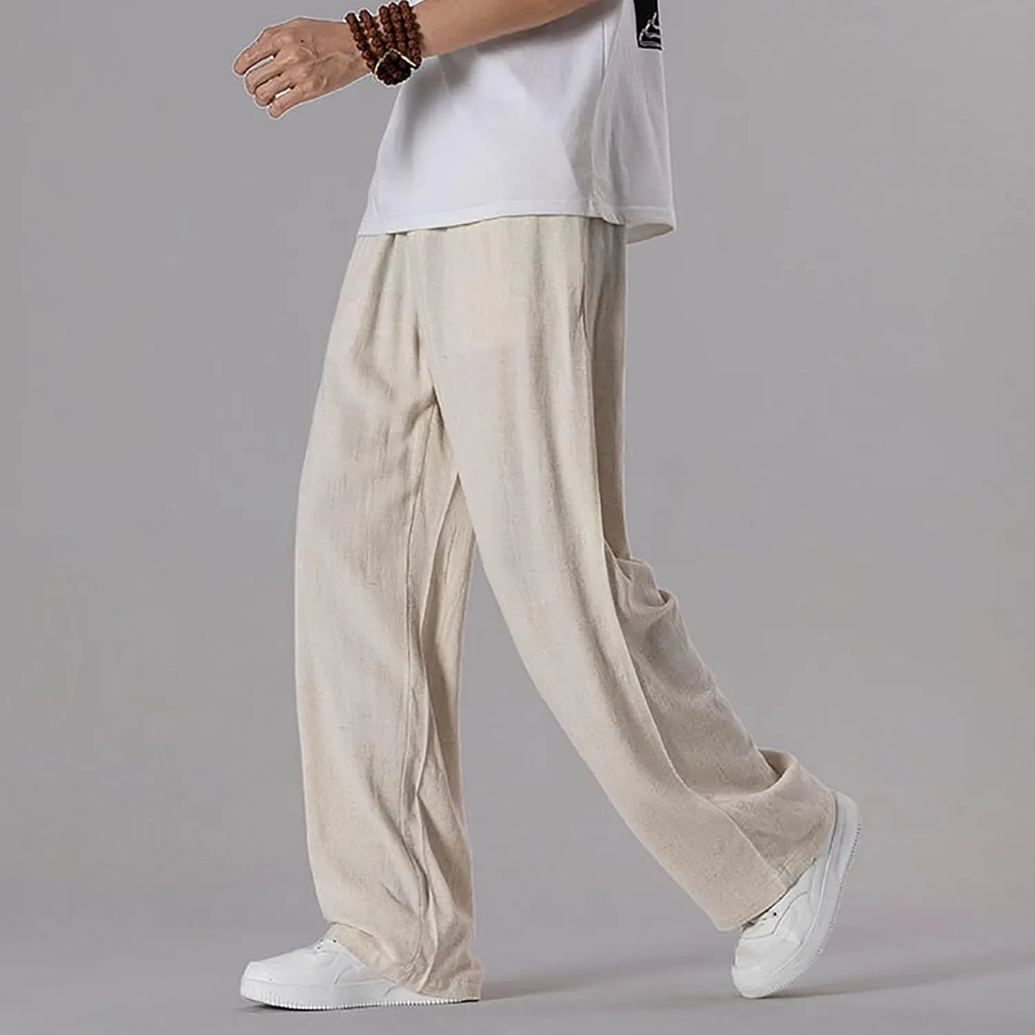 Mens Casual Cotton Linen Wide Leg Loose Lightweight Elastic Waist Pant Jogging Harem Pants Palazzo Trousers