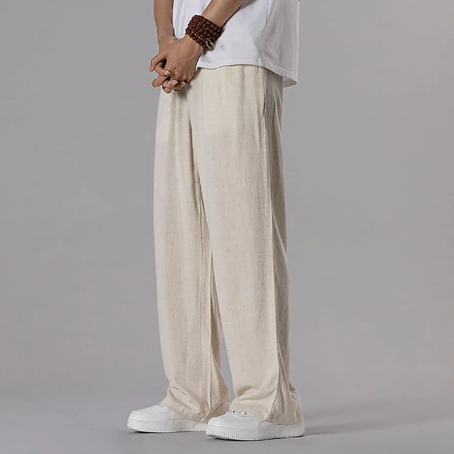 Mens Casual Cotton Linen Wide Leg Loose Lightweight Elastic Waist Pant Jogging Harem Pants Palazzo Trousers
