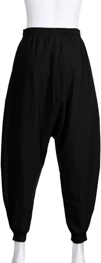 Mens Casual Harem Pants Loose Fit Elastic Wasit Lightweight Tapered Trousers Loose Drop Crotch Trendy Hippie Yoga Pants