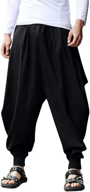 Mens Casual Harem Pants Loose Fit Elastic Wasit Lightweight Tapered Trousers Loose Drop Crotch Trendy Hippie Yoga Pants