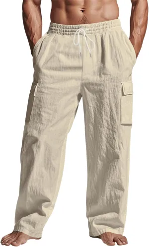 Men's Casual Linen Pants Beach Summer Elastic Waist Drawstring Pants Lightweight Linen Trousers, Tactical Pants for Men