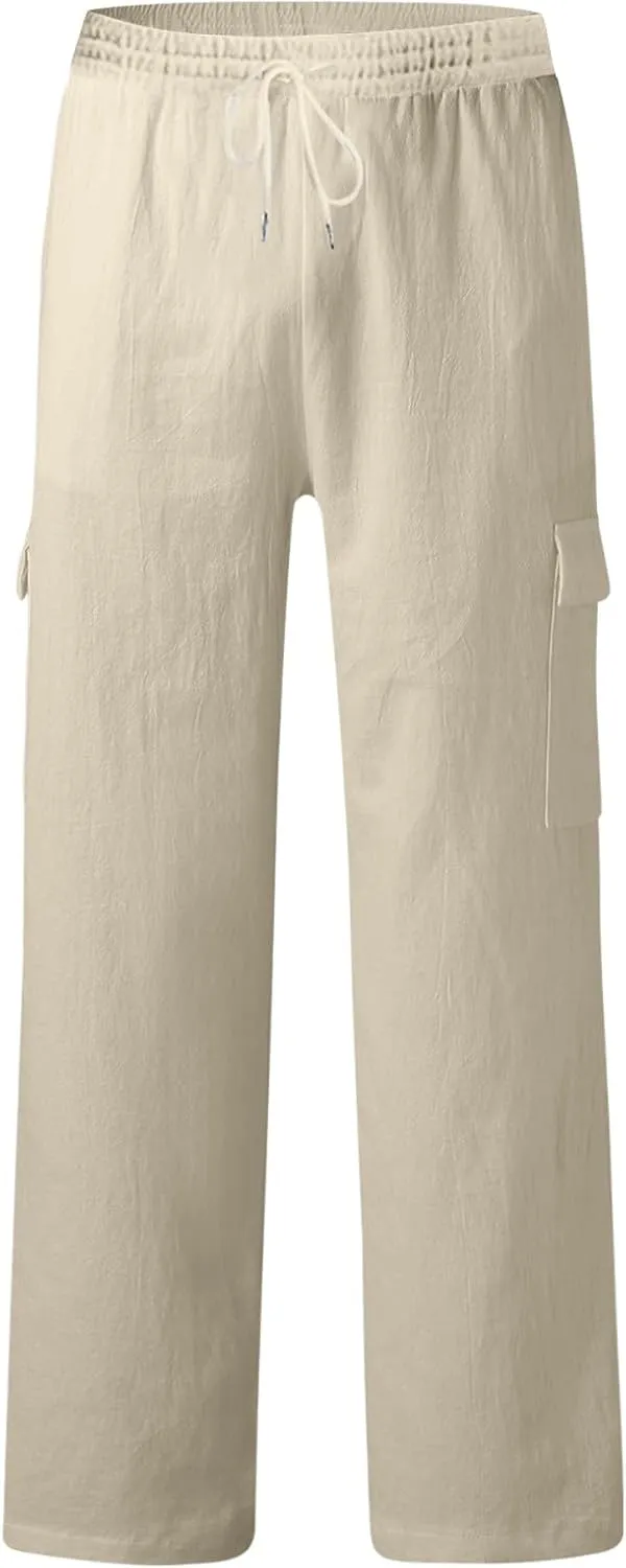 Men's Casual Linen Pants Beach Summer Elastic Waist Drawstring Pants Lightweight Linen Trousers, Tactical Pants for Men
