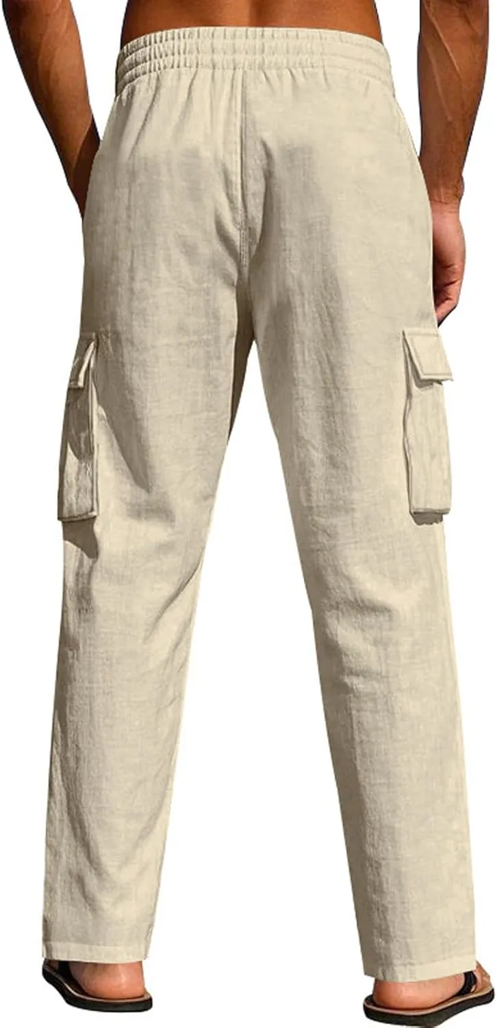 Men's Casual Linen Pants Beach Summer Elastic Waist Drawstring Pants Lightweight Linen Trousers, Tactical Pants for Men
