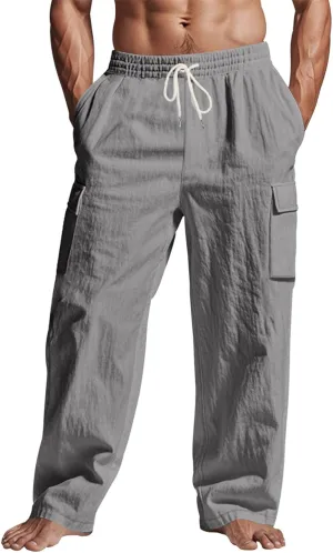 Men's Casual Linen Pants Beach Summer Elastic Waist Drawstring Pants Lightweight Linen Trousers, Tactical Pants for Men