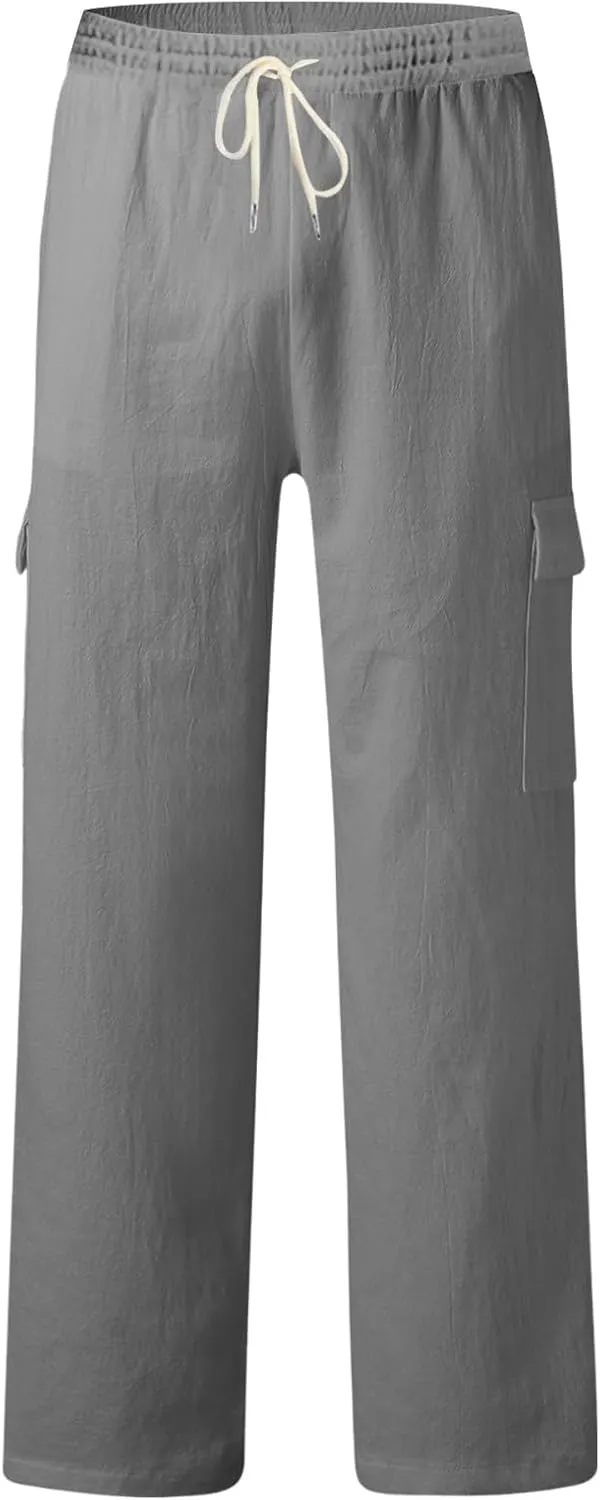 Men's Casual Linen Pants Beach Summer Elastic Waist Drawstring Pants Lightweight Linen Trousers, Tactical Pants for Men