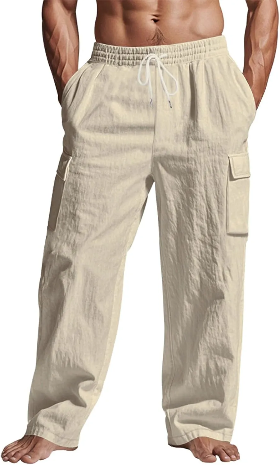 Men's Casual Linen Pants Beach Summer Elastic Waist Drawstring Pants Lightweight Linen Trousers, Tactical Pants for Men