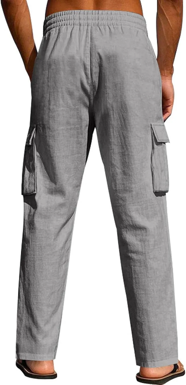 Men's Casual Linen Pants Beach Summer Elastic Waist Drawstring Pants Lightweight Linen Trousers, Tactical Pants for Men