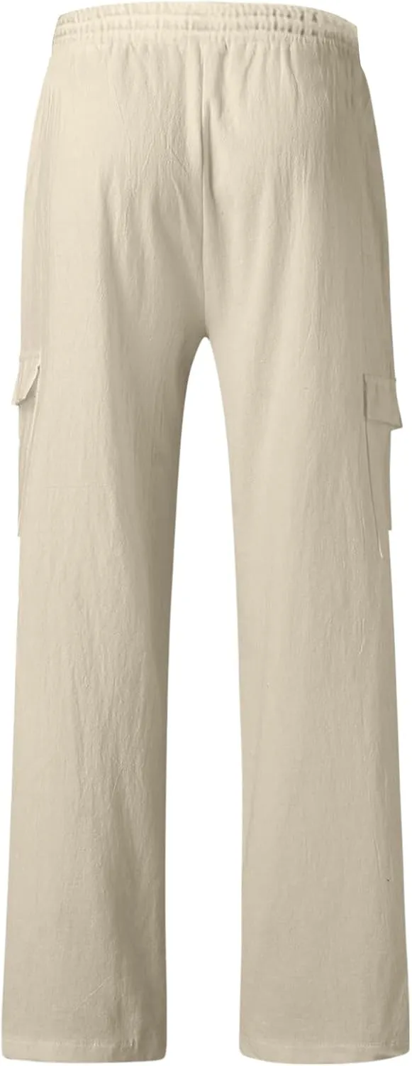 Men's Casual Linen Pants Beach Summer Elastic Waist Drawstring Pants Lightweight Linen Trousers, Tactical Pants for Men