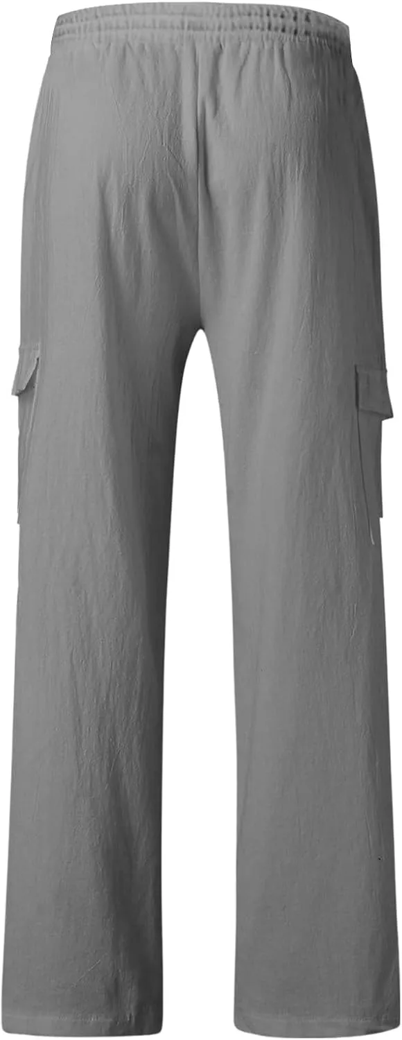 Men's Casual Linen Pants Beach Summer Elastic Waist Drawstring Pants Lightweight Linen Trousers, Tactical Pants for Men