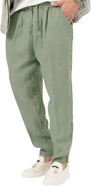 Mens Casual Linen Pants Drawstring Elastic Waist Loose Sweatpants Lightweight Straight Leg Outdoor Workout Trousers