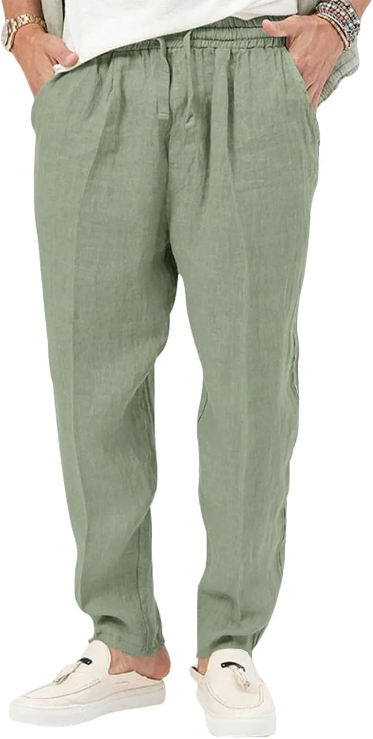Mens Casual Linen Pants Drawstring Elastic Waist Loose Sweatpants Lightweight Straight Leg Outdoor Workout Trousers