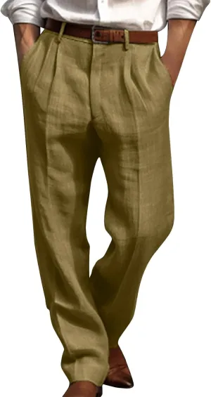 Mens Casual Linen Pants Loose Fit Elastic Drawstring Waist Straight-Legs Summer Yoga Beach Long Pants Trousers