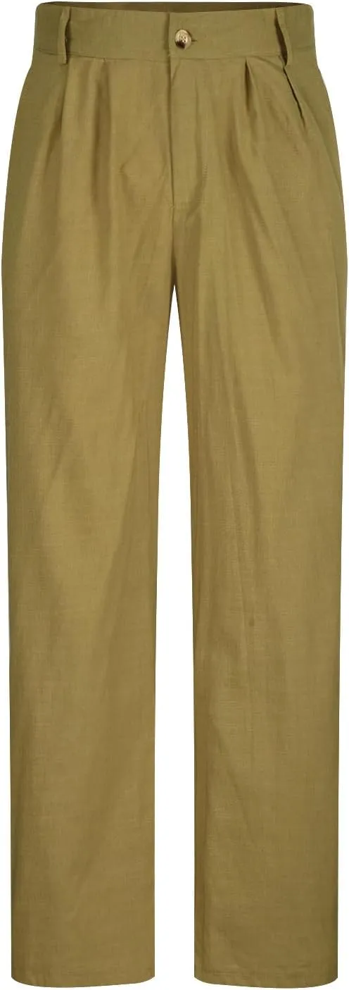 Mens Casual Linen Pants Loose Fit Elastic Drawstring Waist Straight-Legs Summer Yoga Beach Long Pants Trousers