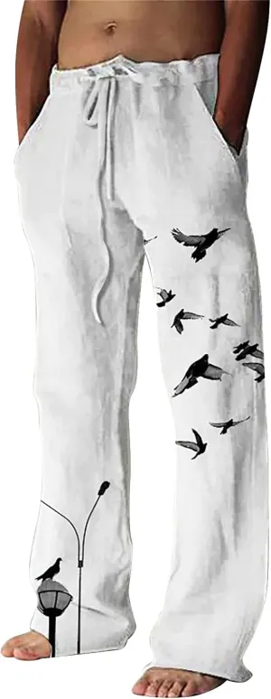 Men's Casual Pants Lightweight Fashion Print Linen Pants Elastic Waist Bagger Trousers Outdoor Streetwear Chino Pant Skinny