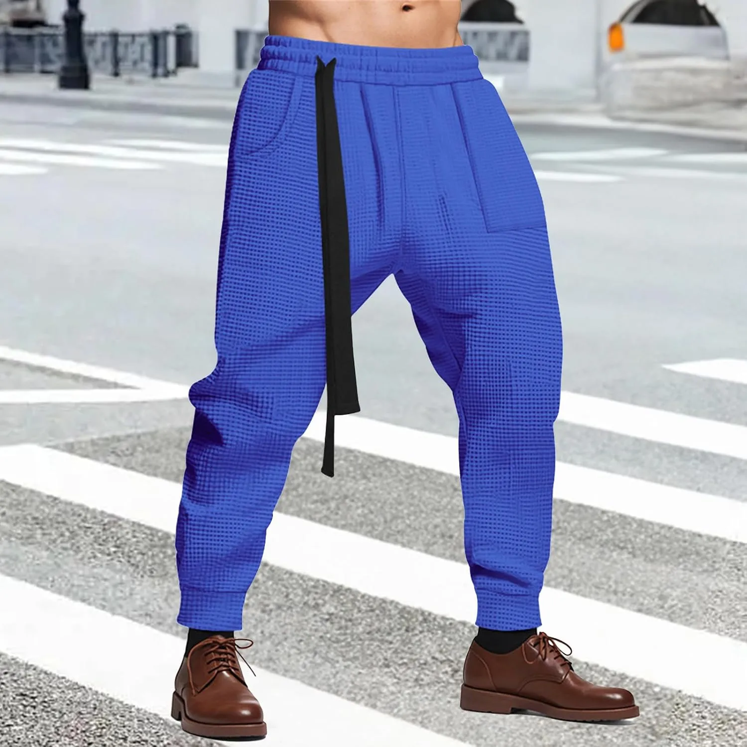 Mens Casual Pants Waffle Textured Drawstring Stretch Elastic Waist Tapered Joggers Baggy Hip Hop Harem Pants Streetwear