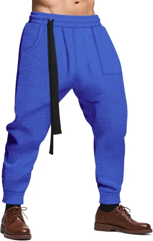 Mens Casual Pants Waffle Textured Drawstring Stretch Elastic Waist Tapered Joggers Baggy Hip Hop Harem Pants Streetwear
