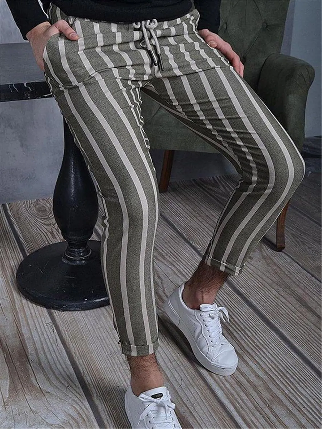 Mens Casual Striped Cotton Pants Slim Fit Drawstring Sweatpants Lightweight Sleep Pajama Fashion Trousers