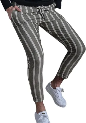 Mens Casual Striped Cotton Pants Slim Fit Drawstring Sweatpants Lightweight Sleep Pajama Fashion Trousers