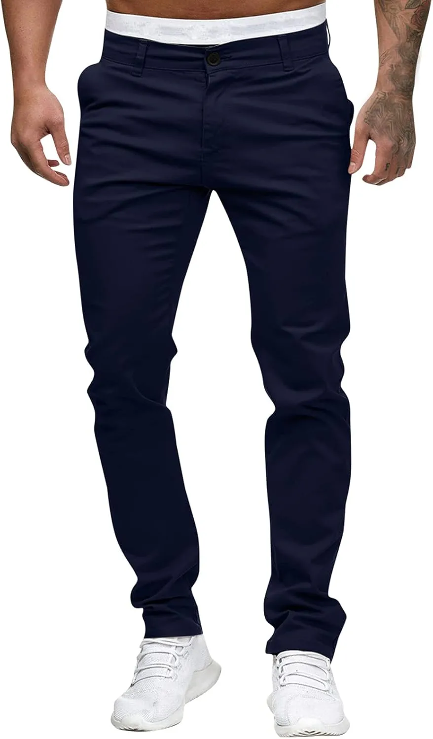 Mens Chinos Slim Fit Stretch Flat-Front Skinny Dress Pants Comfort Casual Solid Trousers