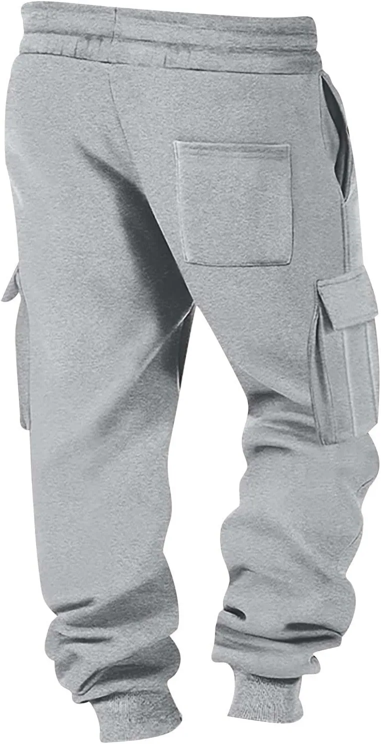 Men's Chinos Solid Color Pocket Cuffed Work Pants, Men's Casual Drawstring Work Pants