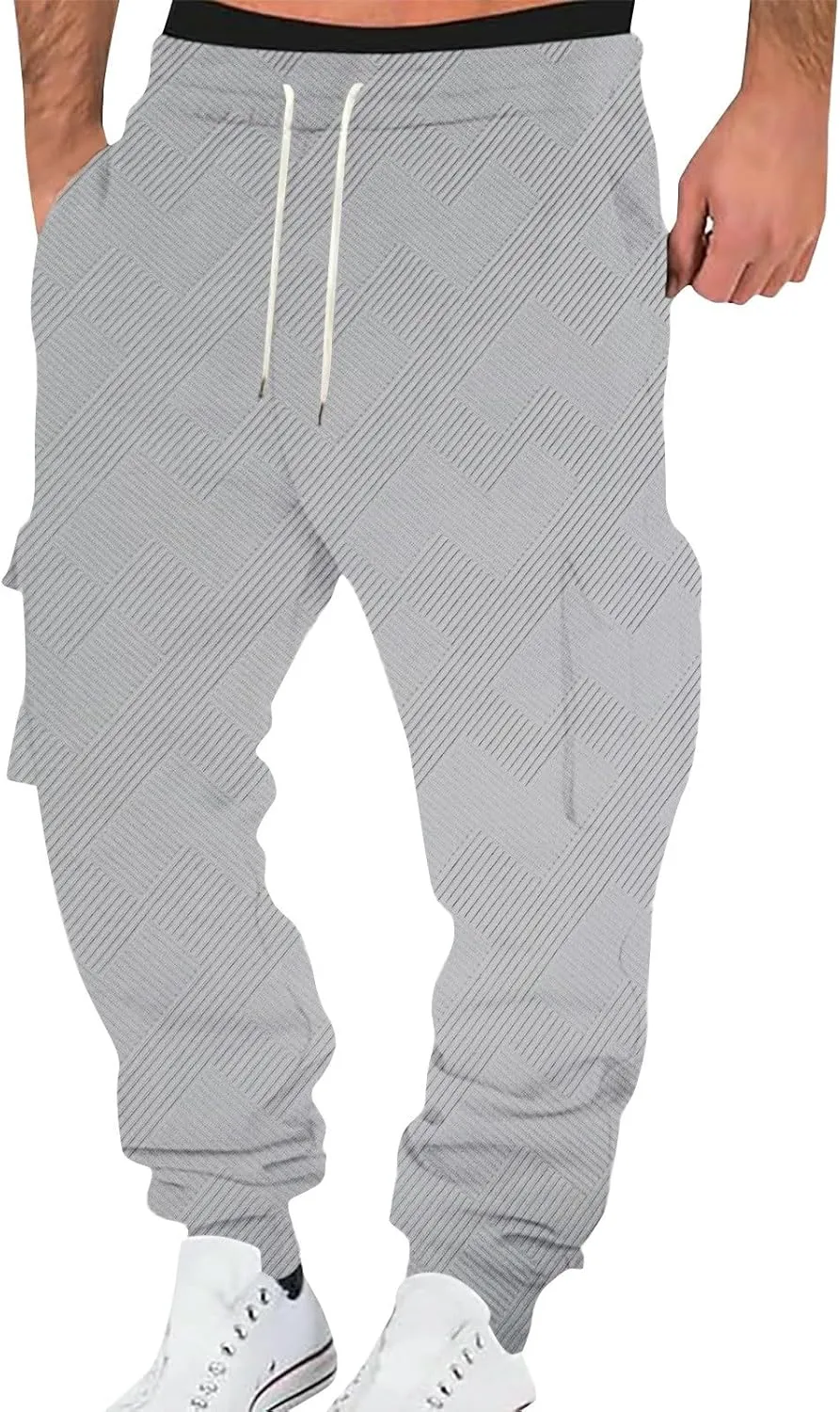 Men's Chinos Solid Color Pocket Cuffed Work Pants, Men's Casual Drawstring Work Pants
