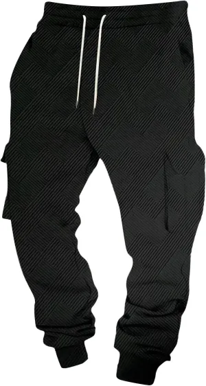 Men's Chinos Solid Color Pocket Cuffed Work Pants, Men's Casual Drawstring Work Pants