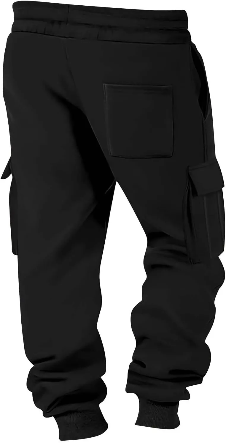 Men's Chinos Solid Color Pocket Cuffed Work Pants, Men's Casual Drawstring Work Pants