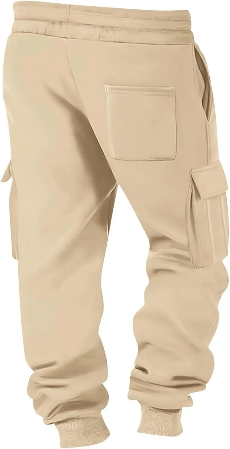 Men's Chinos Solid Color Pocket Cuffed Work Pants, Men's Casual Drawstring Work Pants