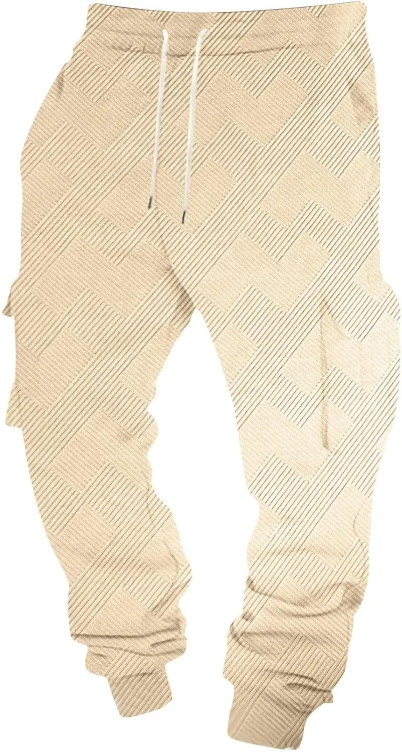 Men's Chinos Solid Color Pocket Cuffed Work Pants, Men's Casual Drawstring Work Pants