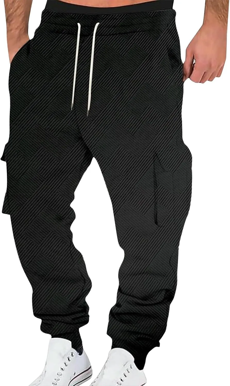 Men's Chinos Solid Color Pocket Cuffed Work Pants, Men's Casual Drawstring Work Pants