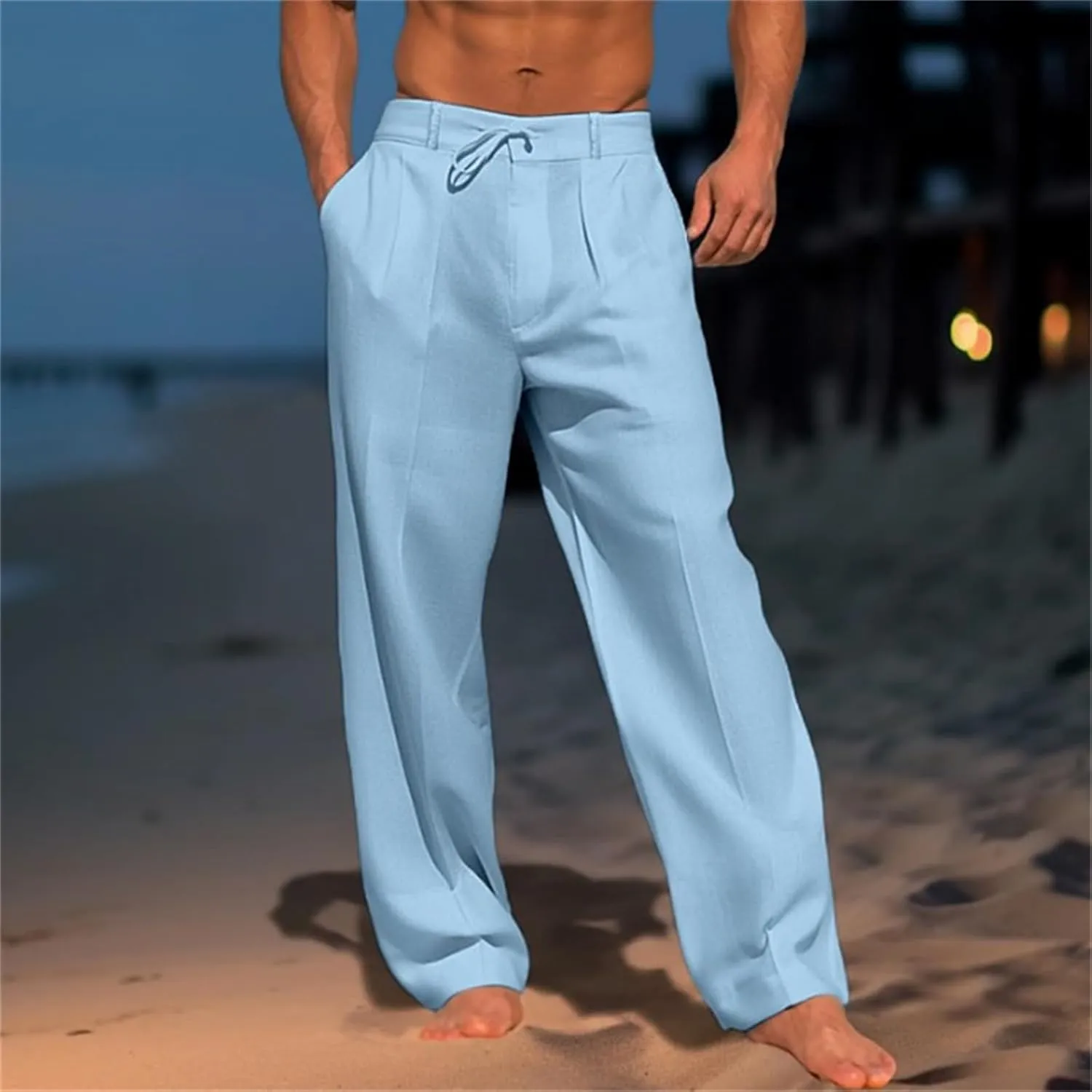 Men's Cotton Linen Pants Elastic Waist Loose Fit Drawstring Pants Lightweight Athletic Joggers for Everyday