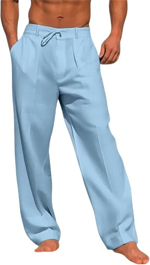 Men's Cotton Linen Pants Elastic Waist Loose Fit Drawstring Pants Lightweight Athletic Joggers for Everyday