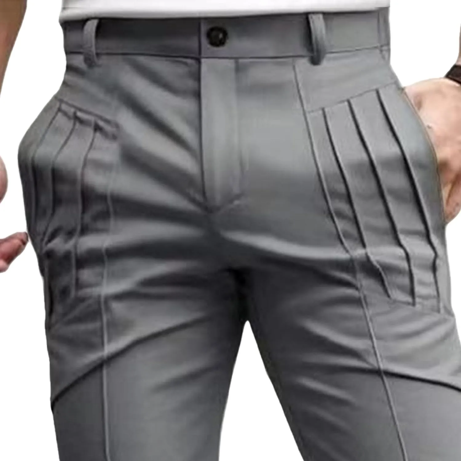 Men's Cotton Pleated Stretch Pants Casual Work Business Chinos Stretch Solid Lightweight Trousers