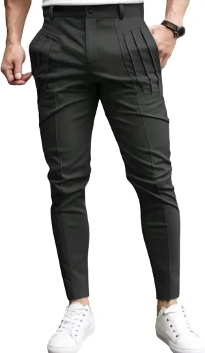Men's Cotton Pleated Stretch Pants Casual Work Business Chinos Stretch Solid Lightweight Trousers