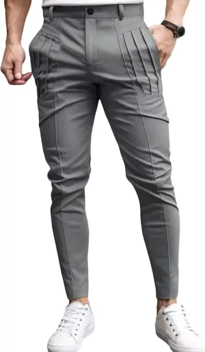Men's Cotton Pleated Stretch Pants Casual Work Business Chinos Stretch Solid Lightweight Trousers