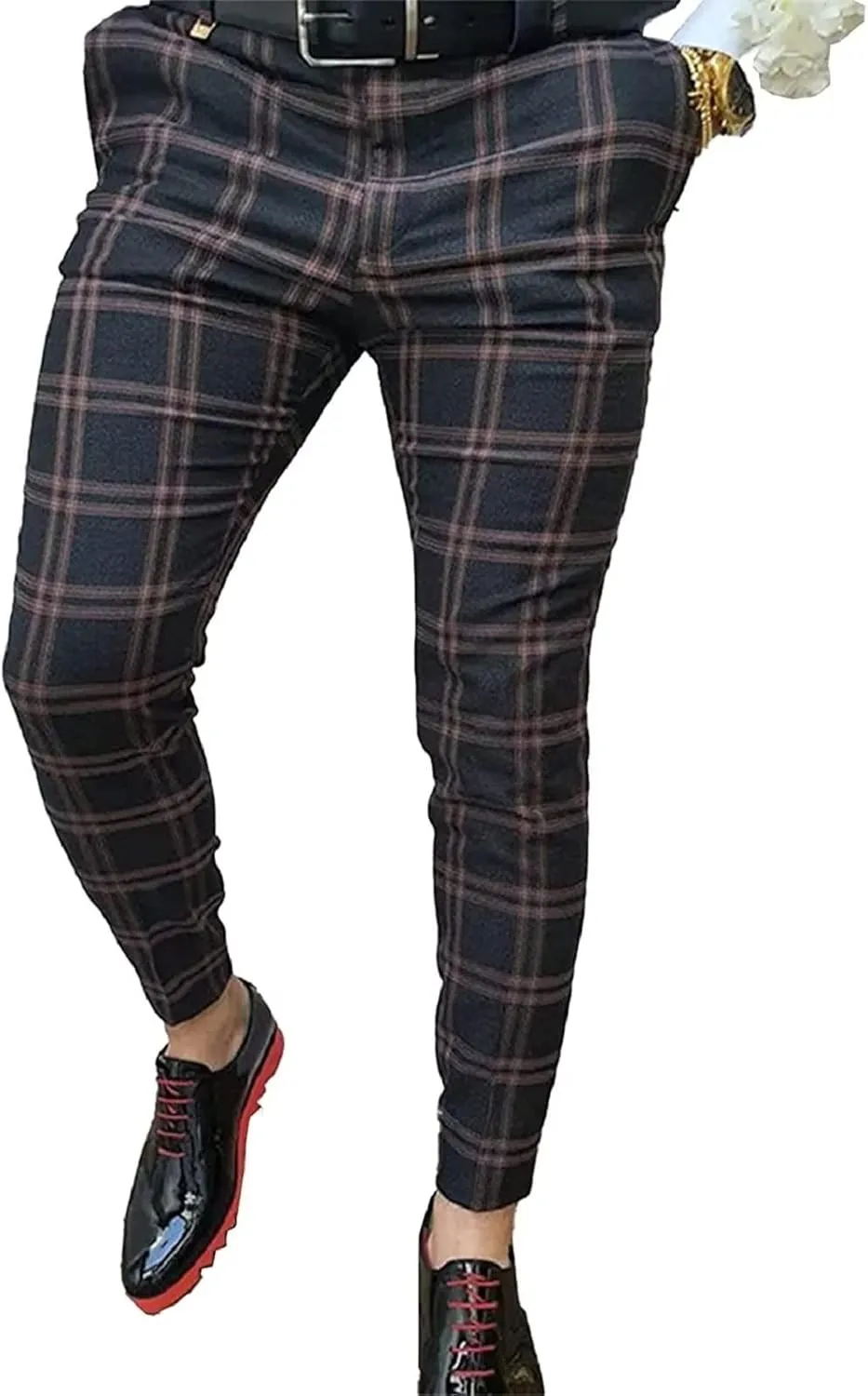 Men's Dress Pants Plaid Skinny Slim Fit Dress Pants Stretch Regular Fit Business Casual Fashion Golf Pencil Chinos Pants