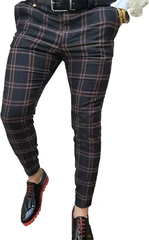 Men's Dress Pants Plaid Skinny Slim Fit Dress Pants Stretch Regular Fit Business Casual Fashion Golf Pencil Chinos Pants