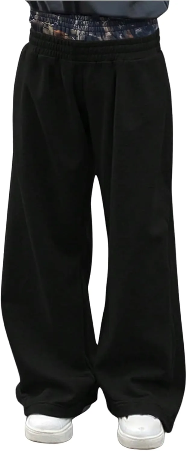 Men's Elastic Double Waist Patchwork Sweatpants Wide Leg Baggy Track Pants Vintage Streetwear