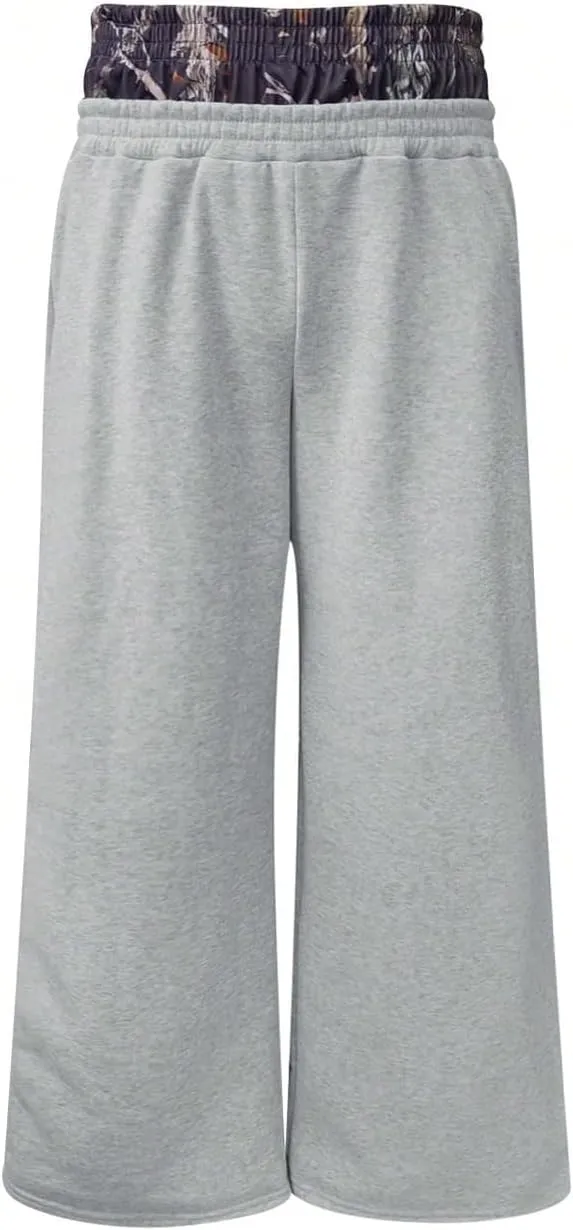 Men's Elastic Double Waist Patchwork Sweatpants Wide Leg Baggy Track Pants Vintage Streetwear