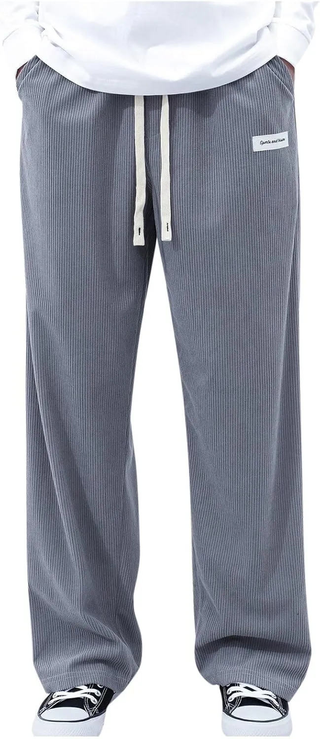 Men's Elastic Waist Casual Pants, Corduroy Baggy Quick Dry Lightweight Athletic Outdoor Hiking Sweatpants with Pockets