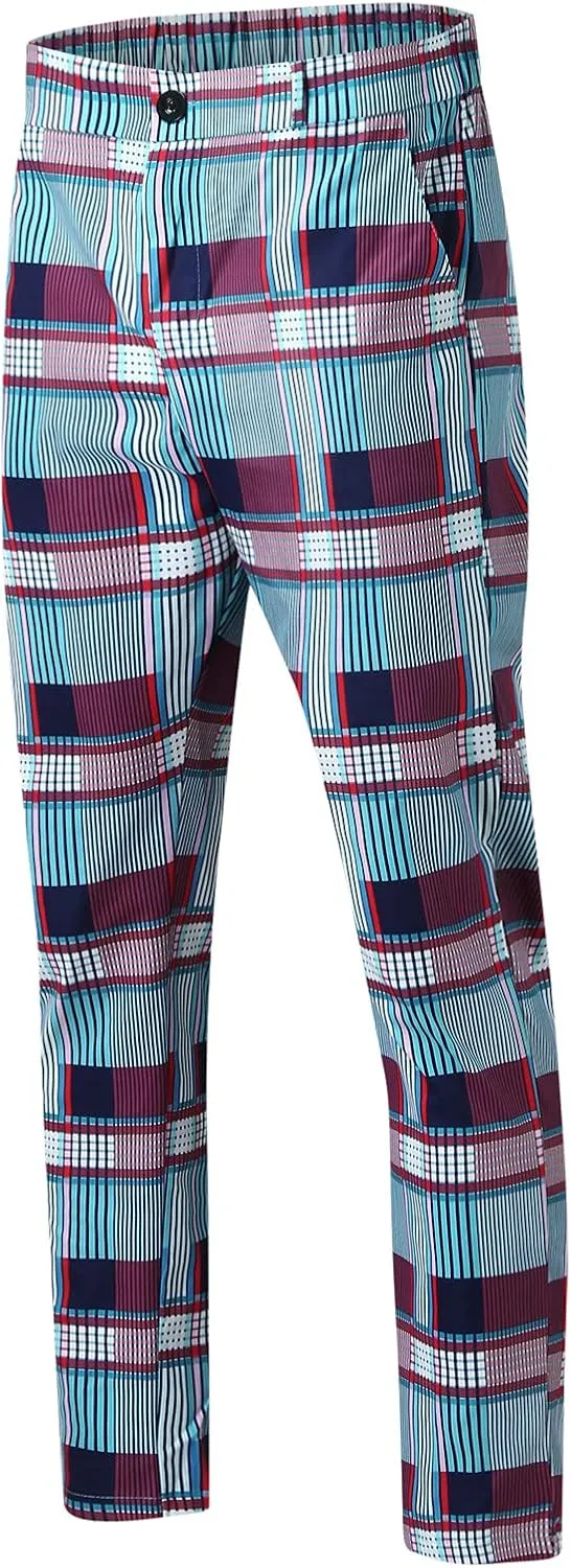 Mens Fashion Chinos Plaid Stretch Dress Pants Slim Fit Casual Business Suit Pants Big and Tall Flat-Front Golf Pants